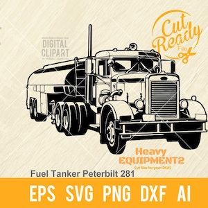 May include: Black and white silhouette of a Peterbilt 281 fuel tanker truck. The truck has a large fuel tank and a cab with a large windshield. The truck is on a white background.