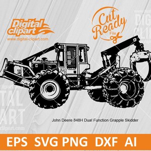 Pode incluir: Um gráfico de silhueta preta de um John Deere 848H Dual Function Grapple Skidder. O maquinário pesado apresenta pneus grandes com correntes, uma lâmina frontal, uma cabine central e um braço de garra traseiro para operações florestais.