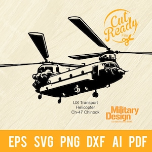 Pode incluir: Silhueta preta e branca de um helicóptero de transporte americano, um CH-47 Chinook, com o texto "Cut Ready File" e "Military Design" abaixo.