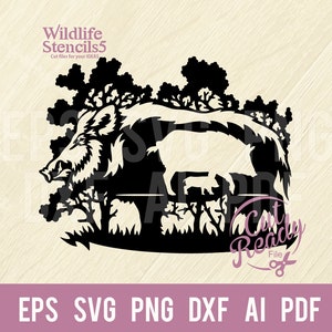Wild zwijn SVG Wildlife scène stencil SVG, dieren silhouetten dxf, gesneden SVG, clipart, plasmasnijden - cut-bestand voor Cricut, opstrijkbare, png, dxf