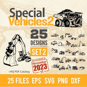 Ensemble de véhicules spéciaux SVG - Bundle d’équipements spéciaux, véhicules de construction dxf, SVG pour Cricut, clipart, fichier png Cut, fer à repasser, vecteur