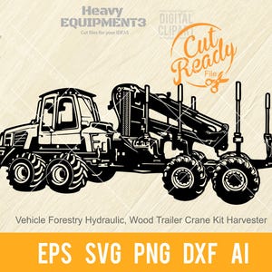 Peut inclure: Illustration en noir et blanc d'un véhicule forestier hydraulique avec une grue de remorque à bois. L'image comprend le texte "Vehicle Forestry Hydraulic, Wood Trailer Crane Kit Harvester" et des options de type de fichier.