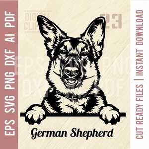 German Shepherd SVG - Peeking Dog, Vector File, Cut Stencil, Laser Cut dxf, SVG for Cricut, clipart, png Cut file, iron on, vector