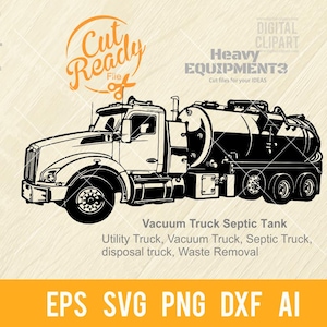 Puede incluir: Ilustración en blanco y negro de un camión cisterna séptico. El camión tiene un tanque grande y varias ruedas. El texto incluye "Vacuum Truck Septic Tank" y opciones de tipo de archivo: EPS, SVG, PNG, DXF, AI.