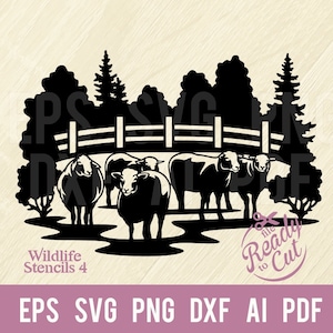May include: Black and white silhouette of five sheep standing in a field with a wooden fence. The sheep are in a line, facing the viewer. The image is set against a background of trees. The text "Wildlife Stencils 4" is at the bottom of the image.