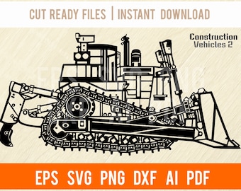 May include: Black and white silhouette of a bulldozer, a type of construction vehicle, with a large blade and tracks. The image is labeled "Construction Vehicles 2".