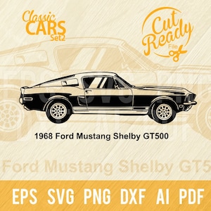 1968 Ford Mustang Shelby GT500 SVG / Classic Cars SVG Muscle Cars Cut Ready Clip Art / Digital Download/CNC File Vinile SVG, DXF, PNG