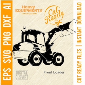 May include: Black and white silhouette of a front loader, a type of heavy equipment used for construction and material handling. The image is labeled "Front Loader" and "Heavy Equipment 2".