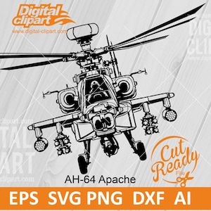May include: A black and white digital graphic illustration of an AH-64 Apache attack helicopter viewed from the front. The design features detailed rotor blades, weapon systems, and landing gear. The text Digital clipart and Cut Ready File appear.