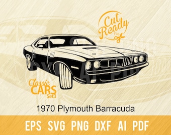 May include: Black and white silhouette of a 1970 Plymouth Barracuda muscle car. The car is facing the viewer with the front end visible. The text "Cut Ready File" is in a circle above the car. The text "Classic Cars Set3" is below the car. The text "1970 Plymouth Barracuda" is below the car. The text "EPS SVG PNG DXF AI PDF" is below the car.