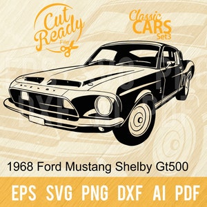1968 Ford Mustang Shelby GT500 SVG / Classic Cars SVG Muscle Cars Cut Ready Clip Art / Digital Download/CNC File Vinile SVG, DXF, PNG