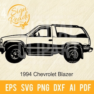 Puede incluir: Silueta en blanco y negro de un Chevrolet Blazer de 1994. El vehículo está orientado hacia la derecha y tiene una caja de carga.