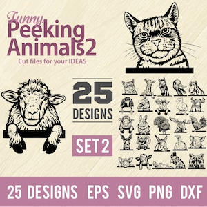 Funny Peeking Animals - Bundle 25 SVG - Set 2- Funny Animals SVG 25 Cut vector SVG - Clipart, Cricut, Vinyl Sign Design, Svg, Png, Dxf, Eps