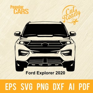 May include: Black and white silhouette of a 2020 Ford Explorer. The front of the vehicle is facing the viewer. The text "Ford Explorer 2020" is below the image. The text "Popular Cars" is in the upper left corner of the image. The text "Cut Ready File" is in the upper right corner of the image.