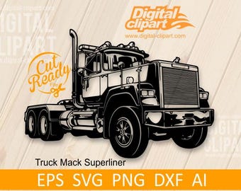 May include: Black and white silhouette of a Mack Superliner semi-truck. The truck is facing forward with the cab and front wheels visible. The truck is cut ready for crafting projects.