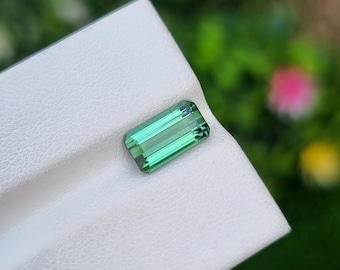 May include: A rectangular, emerald-green gemstone with a polished surface. The gem is set on a white surface, with a blurred green and pink background. The gemstone's cut highlights its clarity and color.