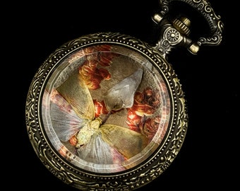 Flatid Planthopper (Lawana Candida) with Citrine Shard and Floral Backing in Antique Pocket Watch Display