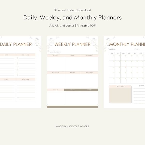 Printable planner | Daily | Weekly | Monthly | Planner set | Planner Inserts | Instant Download | A4/A5/Letter | Minimal design