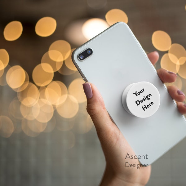 Phone Grip | Pop Socket | Popsocket | Mock up | Mockup | Hand holding phone with twinking light in background