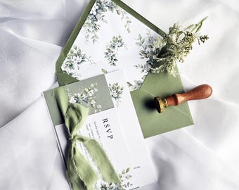 Sage Green Wedding Invitation Suite | White Floral Foliage, The Olivia Collection
