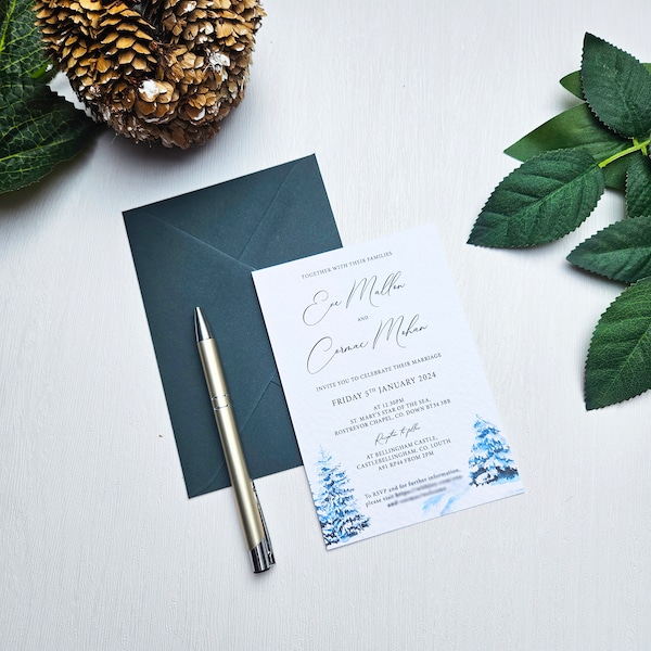 Pine green winter tree wedding invitations