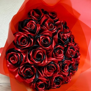 Custom Bouquet of Artificial Flowers, Black and Red Eternal Roses, Customizable Ramo Buchon, Satin Ribbon Rose, Everelasting Flower