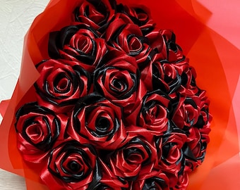 Ramo personalizado de flores artificiales, rosas eternas negras y rojas, Ramo Buchon personalizable, rosa con cinta de satén, flor eterna.