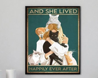 Póster de She Lived Happily Ever After, pintura en lienzo, póster de gato para mujer, imagen artística de pared Vintage, decoración para sala de estar