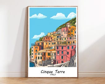 Lámina de viaje de Cinque Terre, Póster de viaje de Cinque Terre, Italia, Arte mural de la ciudad de Italia, Decoración de pared de viaje de Cinque Terre
