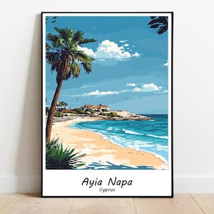 Póster turístico de Ayia Napa, Chipre, Póster de Ayia Napa, Arte mural de Ayia Napa, Chipre, Regalo de viaje a Chipre, Cumpleaños, Regalo de Año Nuevo