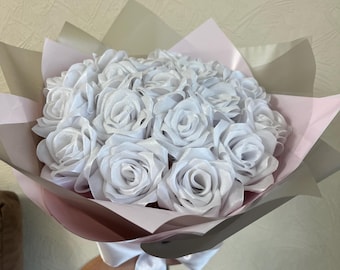 Rosa blanca eterna con purpurina, ramo personalizado de flores artificiales, Ramo Buchon personalizable, rosa con cinta de satén, flor eterna.
