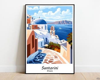 Póster de viaje de Santorini, Grecia; Arte mural de Santorini, Grecia; Arte de viaje de Santorini, Grecia; GIF de viaje de Santorini; Arte mural de viaje de Grecia