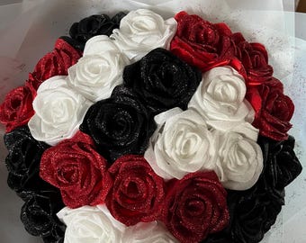 Rosa eterna con purpurina y mezcla de colores, ramo personalizado de flores artificiales, ramo personalizable, rosa de cinta de satén, flor eterna