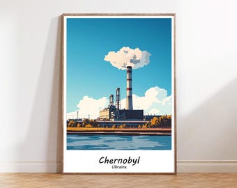 Póster turístico de Chernóbil, Ucrania; Arte vintage de viajes sobre la energía nuclear de Chernóbil; Póster impreso de Ucrania para decoración de pared; Ilustración de Ucrania, regalo hecho a mano
