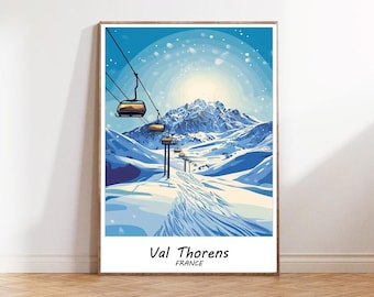 Lámina turística tradicional de Val Thorens, Francia, póster turístico de Val Thorens, póster de esquí para decoración de pared, lámina de estación de esquí, arte de Val Thorens