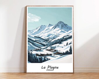 Póster turístico de La Plagne, Póster de invierno de La Plagne, Francia, Arte mural de viajes a Francia, Regalos de viaje a Francia, Regalo artesanal para amantes de los viajes