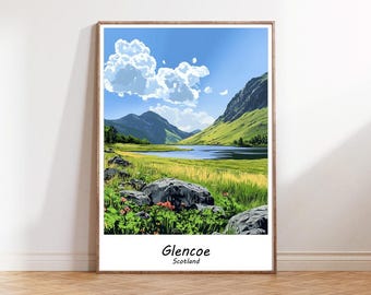 Lámina decorativa de Glencoe, regalo de Glencoe para amantes del arte, regalo artesanal de Escocia, arte mural de las Tierras Altas escocesas, arte mural retro de viajes