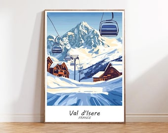 Lámina turística tradicional de Val d'Isère, Francia, póster turístico de Val d'Isère, póster de esquí para decoración de pared, lámina de estación de esquí, arte de Val d'Isère