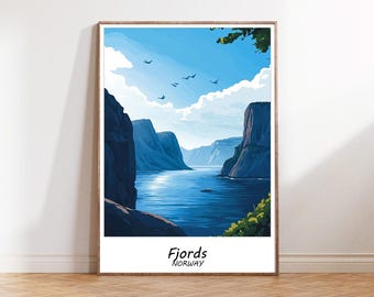 Lámina decorativa de los fiordos de Noruega, ideal para amantes del arte.