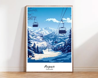 Póster decorativo de Aspen, decoración para el hogar, regalo para amantes del esquí, lámina para amantes del esquí en Aspen, imagen de dibujos animados de una estación de esquí