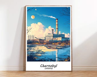 Póster turístico de Chernóbil, Ucrania; Arte vintage de viajes sobre la energía nuclear de Chernóbil; Póster impreso de Ucrania para decoración de pared; Ilustración de Ucrania, regalo hecho a mano