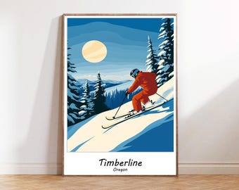 Lámina de viaje de Timberline, Póster de esquí de Timberline, Póster de esquí de Oregón, Lámina de la estación de esquí de Timberline, Lámina de viaje tradicional