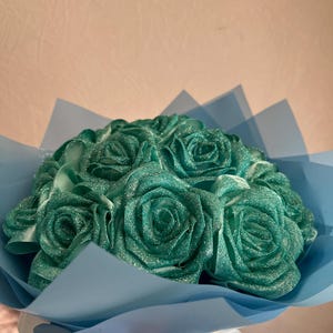 Customizable Ramo Buchon, Turquoise Eternal Rose With Glitter, Custom Bouquet of Artificial Flowers, Satin Ribbon Rose, Everelasting Flower