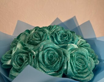 Ramo Buchon personalizable, Rosa Eterna Turquesa con Brillo, Ramo Personalizado de Flores Artificiales, Rosa de Cinta de Satén, Flor Eterna