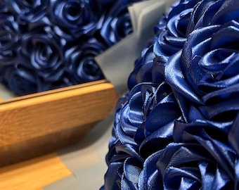 Rosa Eterna Azul Marino Sin Brillo, Ramo Personalizado de Flores Artificiales, Ramo Buchón Personalizable, Rosa de Cinta de Satén, Flor Eterna