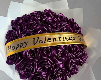 Rosa Eterna Morada sin Purpurina, Ramo Personalizado de Flores Artificiales, Ramo Buchon Personalizable, Rosa con Cinta de Satén, Flor Eterna