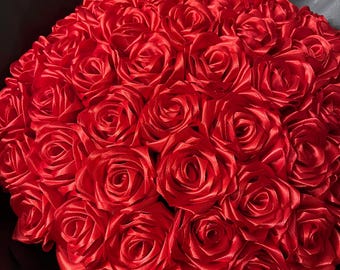 Rosa roja eterna sin purpurina, ramo personalizado de flores artificiales, Ramo Buchon personalizable, rosa con cinta de satén, flor eterna.