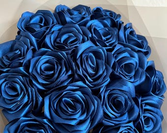 Rosa Eterna Azul Marino Sin Brillo, Ramo Personalizado de Flores Artificiales, Ramo Buchón Personalizable, Rosa de Cinta de Satén, Flor Eterna