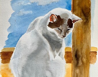 Original watercolor painting of a white cat, gift for cat lovers, cat portrait