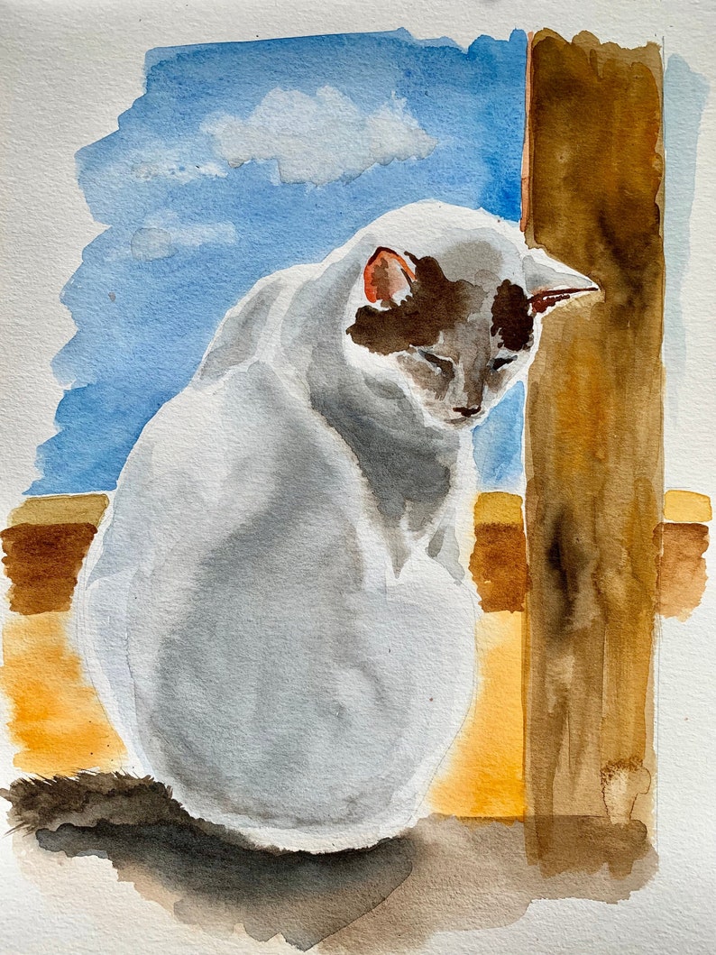 gift for cat lovers Original watercolor painting of a white cat cat portrait
